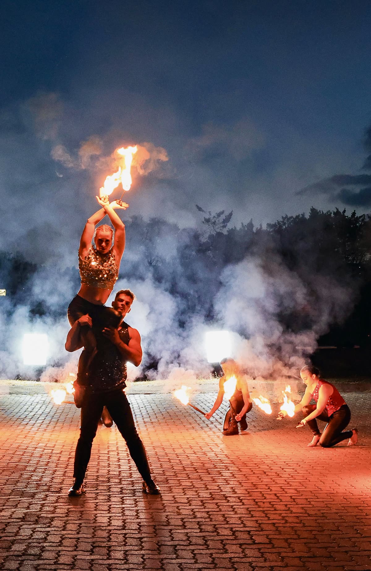Outdoor fire performance spectacle at a South African festival